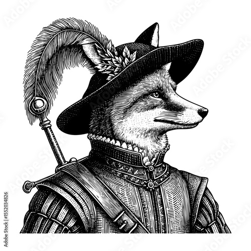 Fox wear medieval costume sketch engraving black and white outline. Scratch board imitation.