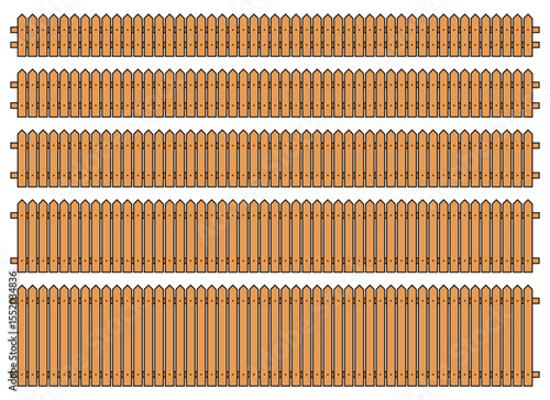 An illustration features several rows of simple, wooden picket fences, each row displaying a variation in fence height, set against a plain background, classic design element.