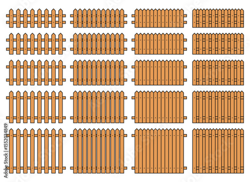 A collection of various wooden fence styles is showcased against a white backdrop, offering a clear representation of designs used for property boundaries and landscaping solutions.