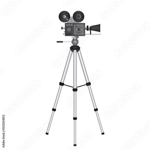 A vintage movie camera with two reels is mounted on a silver tripod against a white background, ready for a film shoot. A classic filmmaking tool.