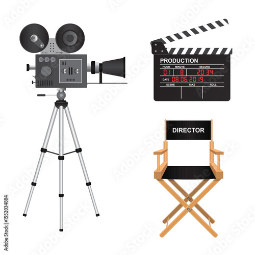 A set of film production equipment on a white background, including a movie camera on a tripod, a clapperboard, and a director's chair, suggesting a film studio.