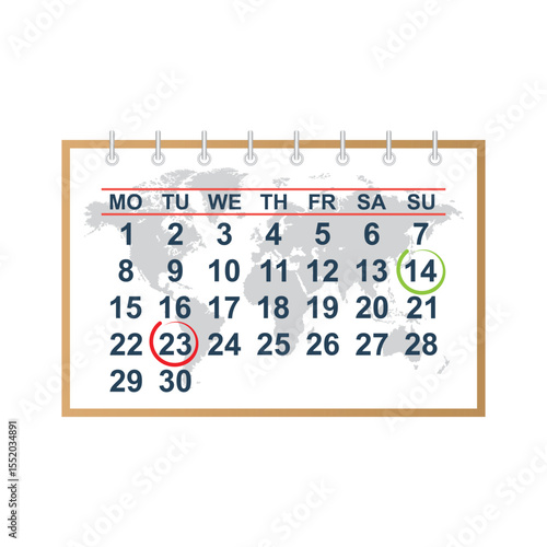 A wall calendar shows a month's dates, with a world map background. The 23rd is circled in red, indicating a significant date, while the 14th is circled in green.
