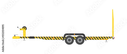 A side view of an empty flatbed trailer with yellow and black stripes. It features two wheel sets, a yellow stand, and a front hitch. The trailer is isolated on white.