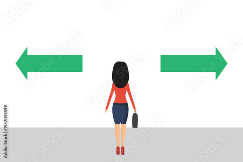 A woman is standing with arrows pointing in opposite directions on either side of her, implying a decision of which path to take in her career or personal life.