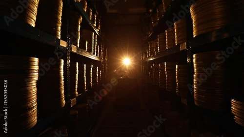 Dark film archive corridor, shelves filled with golden film canisters. A bright light illuminates a classic film reel and old film strip, symbolizing cinematic history and discovery.