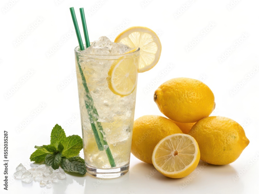 Fototapeta premium Refreshing lemonade with fresh lemons mint and ice on a white background