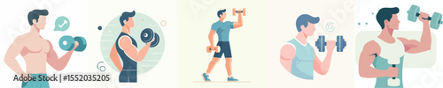 Flat Vector of Men Showing Strength and Lifting Dumbbells