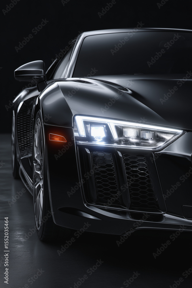 Naklejka premium Close-up of sleek black sports car with illuminated LED headlight detail