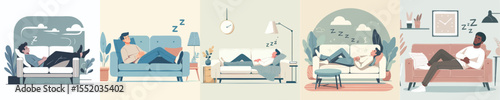 Flat Vector of Diverse Men Sleeping Comfortably on Sofas at Home