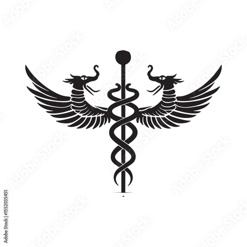Black silhouette of a stylized caduceus symbol with two winged dragons and a serpent entwined around a staff