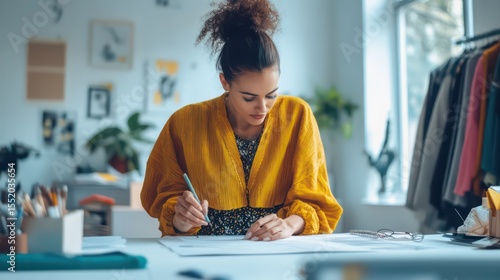 Fashion designer sketching a new design in her bright studio, focused on her work.