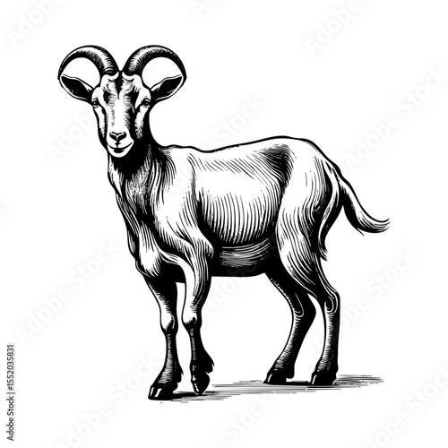 Ibex mountain goat sketch engraving black and white outline. Scratch board imitation.  illustrated in vintage line art style on a white background.