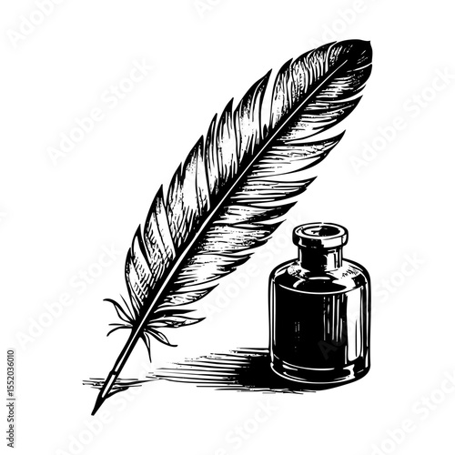 quill pen next to an inkwell sketch engraving black and white outline. Scratch board imitation.  illustrated in vintage line art style on a white background.