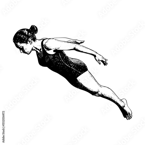 Swimming woman athlete sketch engraving black and white outline. Scratch board imitation.