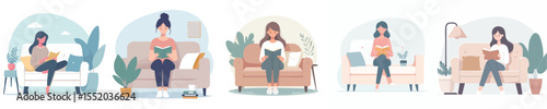 Flat Vector Collection of Women Reading Books at Home – Cozy and Peaceful Moments