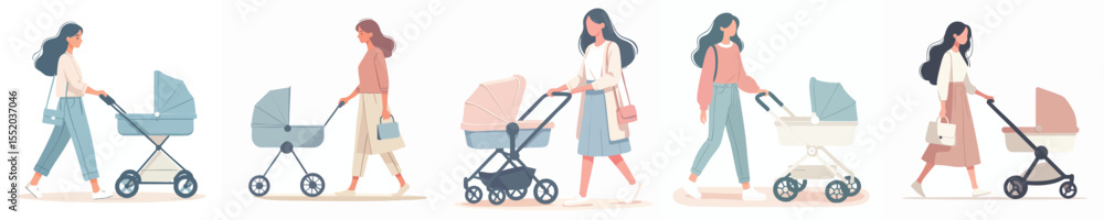 Flat Vector Collection of Women Walking with Baby Strollers in Modern Pastel Style Flat Vector Collection of Women Walking with Baby Strollers in Modern Pastel Style