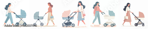 Flat Vector Collection of Women Walking with Baby Strollers in Modern Pastel Style