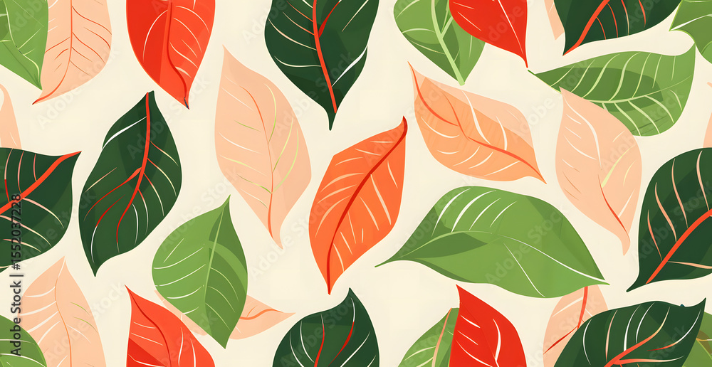 Vibrant foliage creates an organic pattern, showcasing botanical leaf shapes in shades of green, peach, and red, ideal for fabric design, wall art, or invitations. Vibrant foliage creates an organic pattern, showcasing botanical leaf shapes in shades of green, peach, and red, ideal for fabric design, wall art, or invitations.