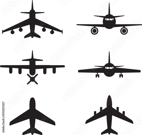 A vector illustration black airplane silhouettes viewed from a top down perspective, arranged on a clean white background