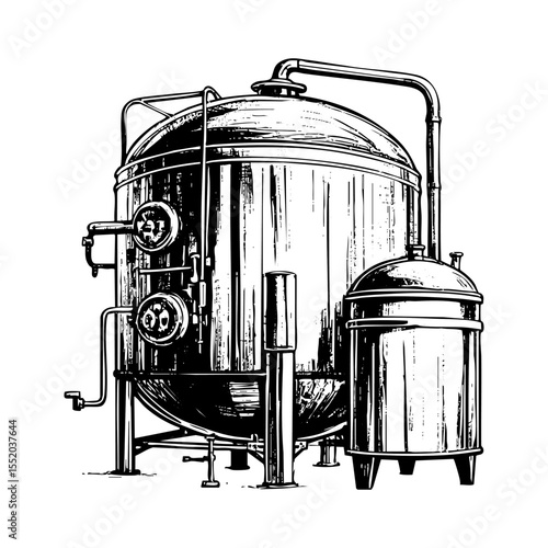 Beer brewing process factory sketch engraving black and white outline. Scratch board imitation.