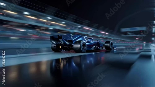 A blue formula one race car speeding on a wet track at night time race