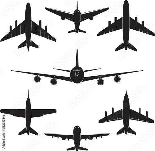 A vector illustration black airplane silhouettes viewed from a top down perspective, arranged on a clean white background