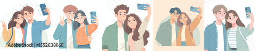 Happy Couples Taking Selfies – Cute Romantic Couple Vector Illustration Pack
