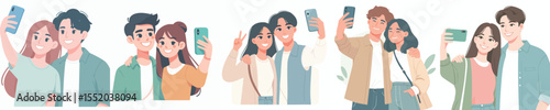 Romantic Couple Taking Selfies – Flat Vector Illustration Set of Happy Couples