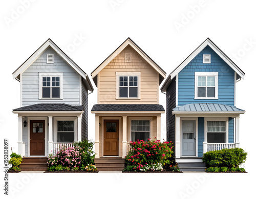 Wallpaper Mural  Side and Angled Views of Three Rustic Cottage Houses with Wooden Details, isolated on a white background PNG Torontodigital.ca