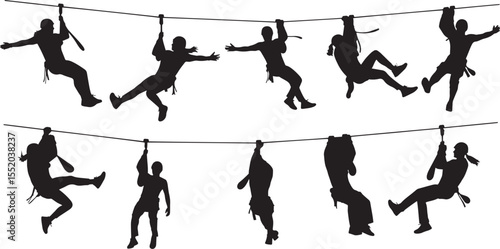 Silhouettes of Adventurous Zip Line Riders Thrilling Aerial Views