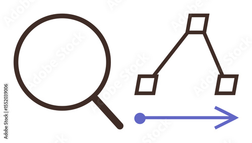 Magnifying glass and flowchart with an arrow illustrate data analysis, process organization, and optimization steps. Ideal for research, innovation, strategy, decision-making, planning, workflow