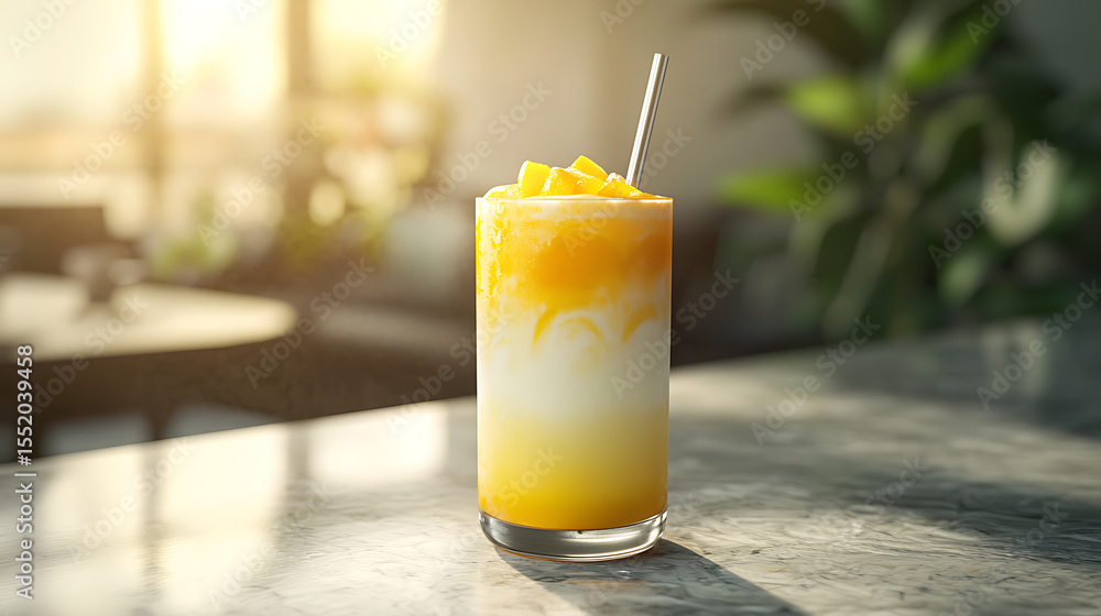 A refreshing layered mango lassi with a metal straw and mango chunks in a glass, set on a textured surface with dappled sunlight. A refreshing layered mango lassi with a metal straw and mango chunks in a glass, set on a textured surface with dappled sunlight.