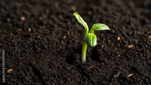 Green Sprout Emerging from Soil Showing Early Plant Growth