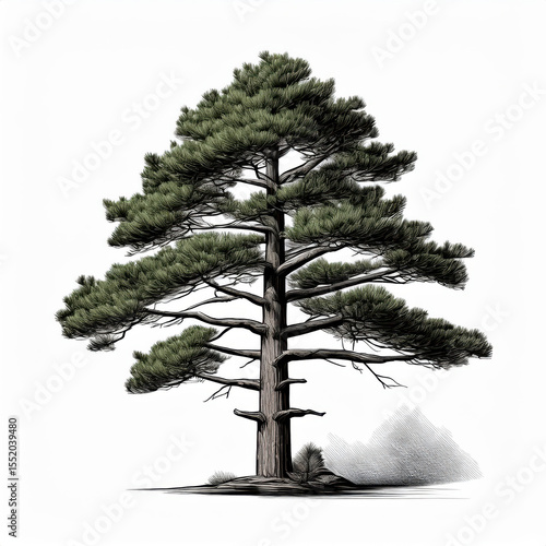 Majestic Evergreen Tree Art with Lush Green Foliage in Serene Setting Illustration