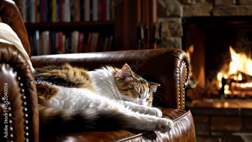 Relaxing Cat Near Fireplace in Cozy Living Room