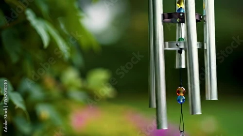 Silver Wind Chimes Singing Calmly in a Garden Breeze