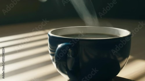 Steaming Coffee in Dark Blue Mug on Sunlit Surface
