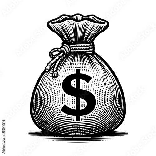 sack of money sketch engraving black and white outline. Scratch board imitation.