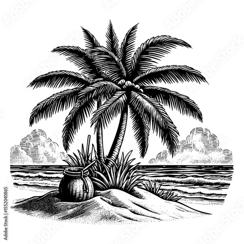 Beach landscape sketch engraving black and white outline. Scratch board imitation.  illustrated in vintage line art style on a white background.