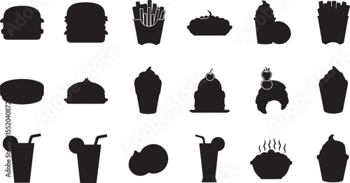 Fast Food Icons Silhouettes of Burgers, Fries, Shakes, and More