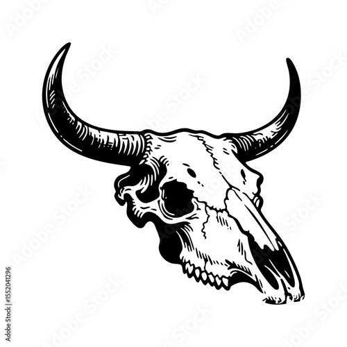 bull skull sketch engraving black and white outline. Scratch board imitation.