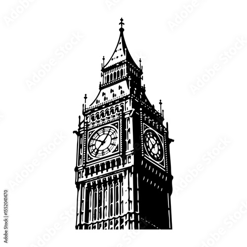 Big ben England sketch engraving black and white outline. Scratch board imitation.  illustrated in vintage line art style on a white background.
