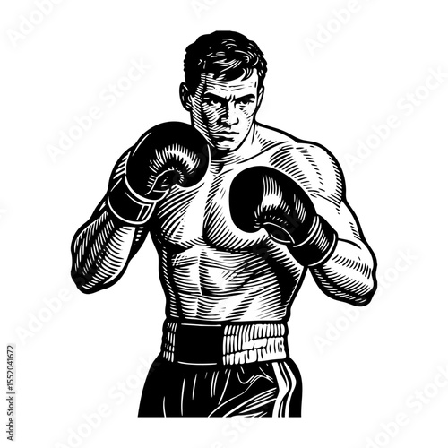 boxer athlete portrait sketch engraving black and white outline. Scratch board imitation.