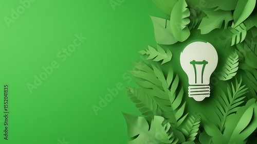Eco-friendly Idea: A green-themed composition showcases a cut-out lightbulb surrounded by meticulously crafted paper leaves, symbolizing sustainable ideas and environmental awareness.