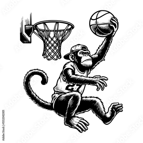 Monkey slam dunk sketch engraving black and white outline. Scratch board imitation. illustrated in vintage line art style on a white background.