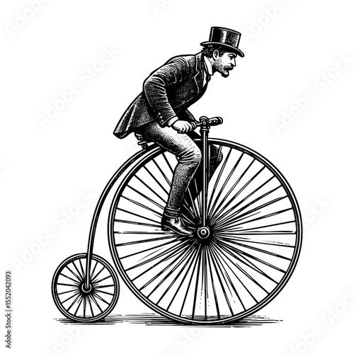 Gentleman riding penny farthing bicycle sketch engraving black and white outline. Scratch board imitation.  illustrated in vintage line art style on a white background.