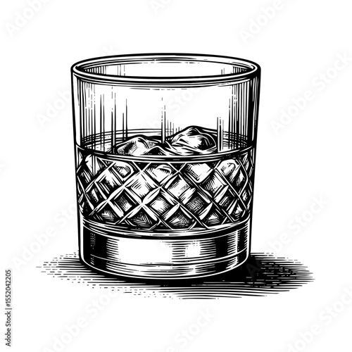 Glass of whiskey sketch engraving black and white outline. Scratch board imitation.
