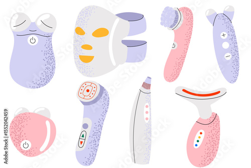 Set of modern skincare beauty devices. The collection includes LED mask, microcurrent tool, pore vacuum, face cleanser brush, lifting tool.  Perfect for beauty, spa and skincare themes.