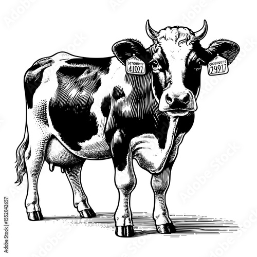 Dairy cow sketch engraving black and white outline. Scratch board imitation.  illustrated in vintage line art style on a white background.