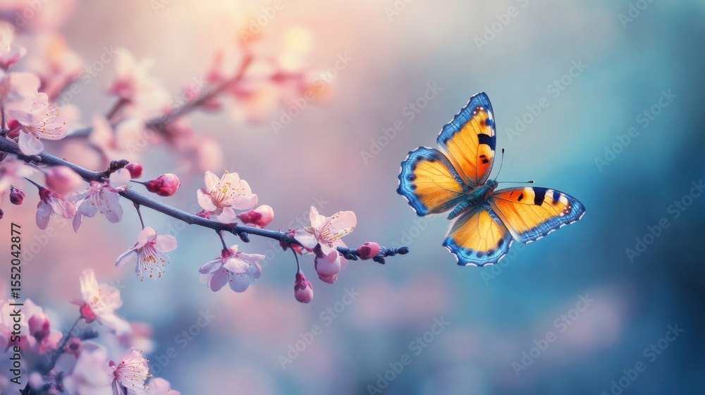 Obraz premium Beautiful blue yellow butterfly in flight and branch of flowering apricot tree in spring at Sunrise on light blue and violet background macro. Elegant artistic image nature. Banner format,